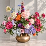 Boeket kleurrijk toetervaas vol kunstbloemen